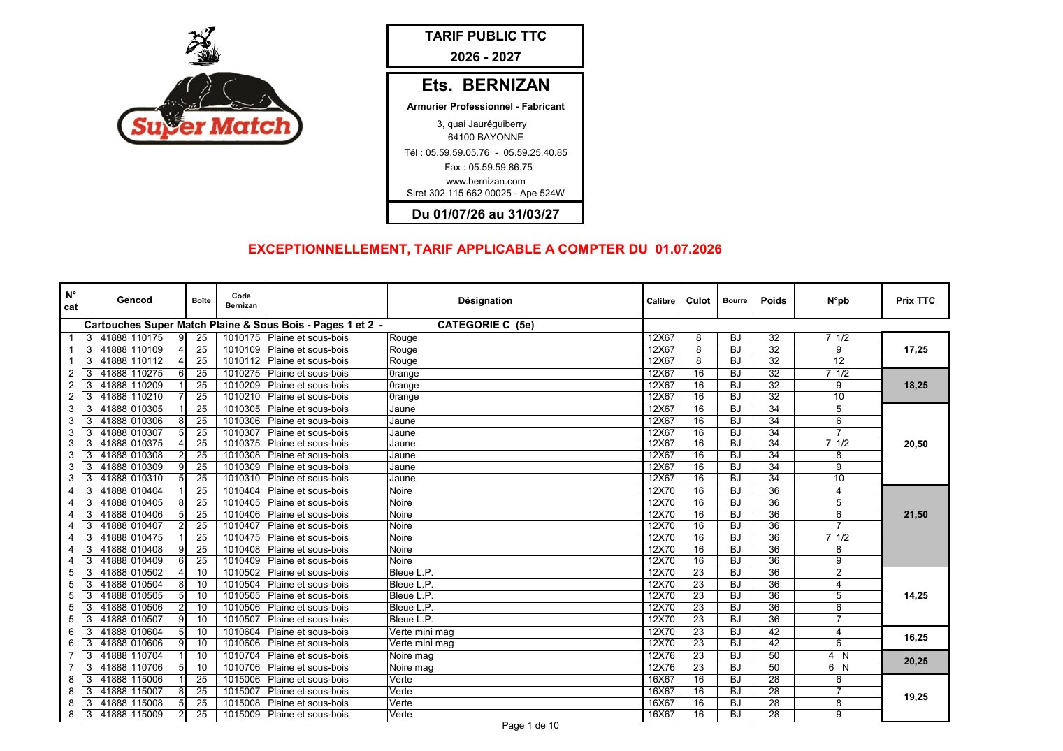 Première page du tarif public TTC 2026-2027 des Ets Bernizan
